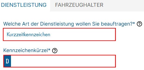 Formular zum Bestellen eines Kurzzeitkennzeichens